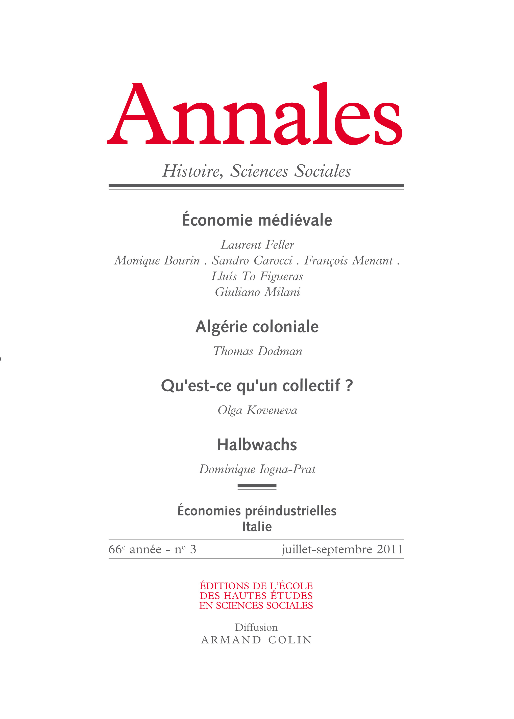 2011/3 - Économie médiévale - Algérie coloniale - Qu’est-ce qu’un collectif ? - Halbwachs