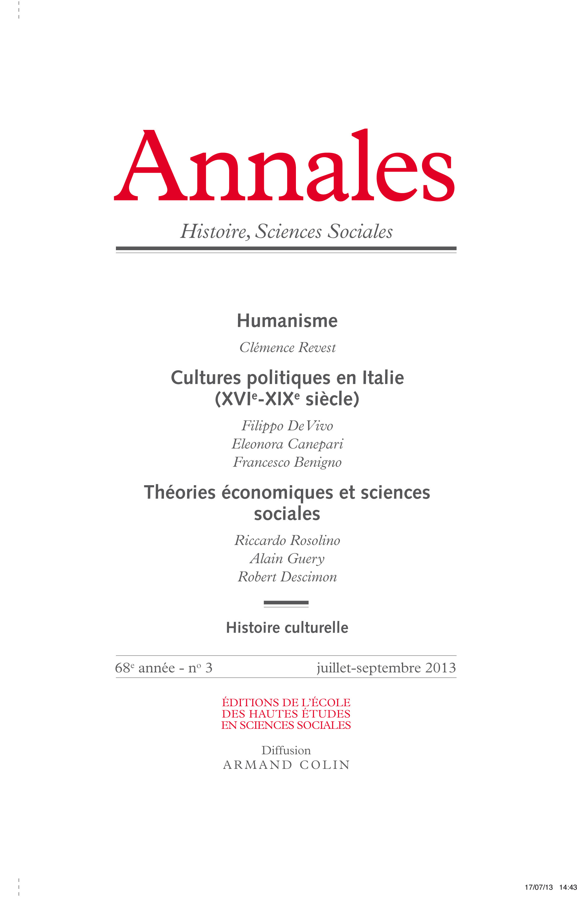 2013/3 - Humanisme - Cultures politiques en Italie (XVI<sup>e</sup>-XIX<sup>e</sup> siècle) - Théories économiques et sciences sociales